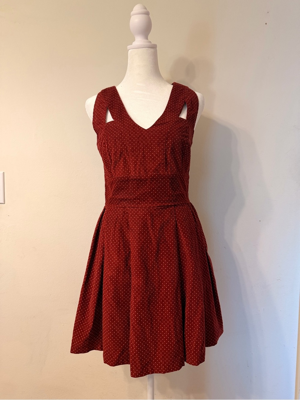 Handmade Twee Mod Red Velvet Polka Dot Halter Neck Fit & Flare Dress